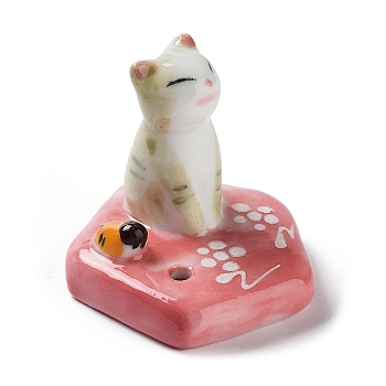 Porcelain Incense Burners, Cat on the Flower Incense Holders, Home Office Teahouse Zen Buddhist Supplies, Tan, 40x40x38mm