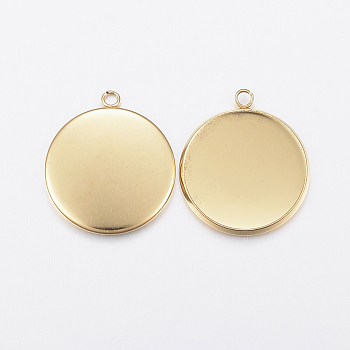 Ion Plating(IP) 304 Stainless Steel Pendant Cabochon Settings, Plain Edge Bezel Cups, Flat Round, Golden, 22.5x20x2mm, Hole: 2mm, Tray: 18mm