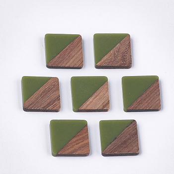 Resin & Walnut Wood Cabochons, Square, Olive Drab, 20x20x3.5mm