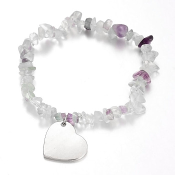 Natural Fluorite Charm Bracelets, with Platinum Plated Alloy Heart Pendants, 54mm