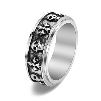 Skull & Cross Titanium Steel Rotating Finger Ring, Fidget Spinner Ring for Calming Worry Meditation, Antique Silver, US Size 8(18.1mm)