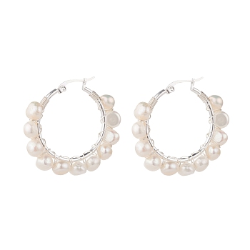 Natural Pearl Wire Wrapped Beaded Hoop Earrings for Women, Silver, White, 38x41x8mm, Pin: 0.8mm