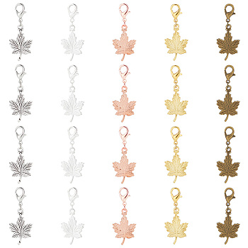 20pcs Maple Leaf Alloy Pendants Decorations Set, Alloy Lobster Clasp Charms, Clip-on Charm, for Keychain, Purse, Backpack Ornament, Mixed Color, 35mm, 5 colors, 4pcs/color, 20pcs