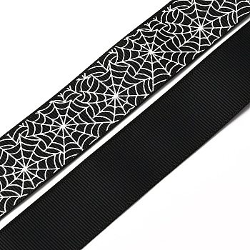 5 Yards Halloween Printed Polyester Grosgrain Ribbon, Spider Web Pattern, for Costume Decoration, Black, 1 inch(25~26mm)