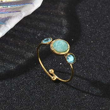 Natural Amazonite Adjustable Finger Rings for Women, with Rhinestone & 304 Stainless Steel Findings, Golden, 8.5mm, Inner Diameter: 19mm