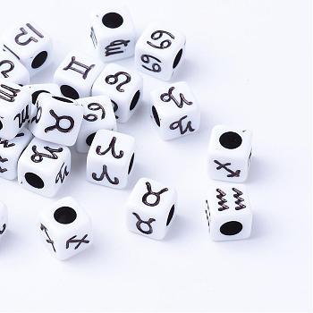 Craft Acrylic European Beads, Large Hole Cube Beads, with Constellation/Zodiac Sign, Black, 7x7x7mm, Hole: 4mm, about 1800pcs/500g
