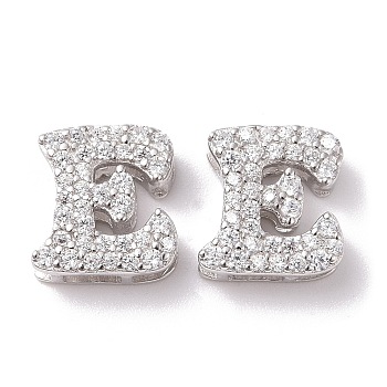 925 Sterling Silver Micro Pave Cubic Zirconia Beads, Real Platinum Plated, Letter E, 9x8.5x3.5mm, Hole: 2.5x1.5mm