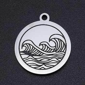 201 Stainless Steel Etched Pendants, Flat Round with Waves, Stainless Steel Color, 22x19x1.5mm, Hole: 1.8mm