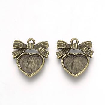 Tibetan Style Alloy Pendant Cabochon Settings, Bowknot with Heart, Antique Bronze, Tray: 11x12mm, 23x19x2mm, Hole: 2mm