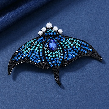 Manta Ray Alloy Rhinestone Brooches, with Plastic Pearl, Capri Blue, 70mm