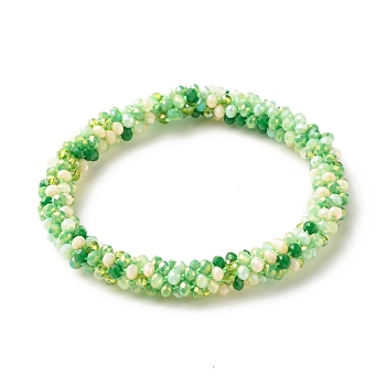 Bling Glass Beads Braided Stretch Bracelet, Crochet Glass Beads Nepal Bracelet for Women, Lawn Green, Inner Diameter: 1-7/8 inch(4.8cm)