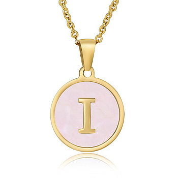 Natural Shell Initial Letter Pendant Necklace, with Golden Stainless Steel Cable Chains, Letter I, 17.72 inch(45cm)