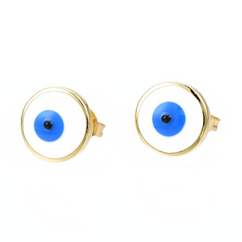 Flat Round with Evil Eye Stud Earrings, Real 18K Gold Plated Brass Jewelry for Women, Nickel Free, Dodger Blue, 9mm, Pin: 0.8mm
