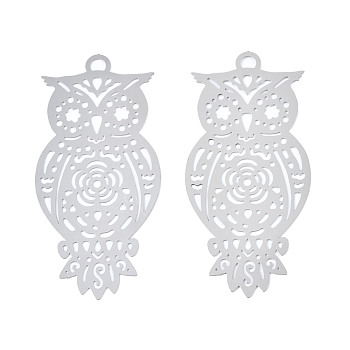 201 Stainless Steel Filigree Pendants, Etched Metal Embellishments, Owl, Stainless Steel Color, 48.5x23x0.2mm, Hole: 2.5mm