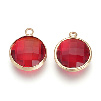 Glass Pendants, with Brass Findings, Faceted, Flat Round, Red, 14x10.5x4mm, Hole: 2mm