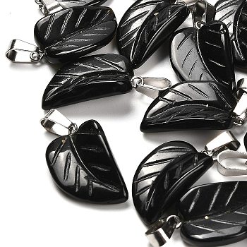 Natural Obsidian Pendants, with 201 Stainless Steel Finding, Leaf, 25.5~26x15x7mm, Hole: 4x8mm