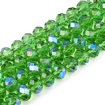 Electroplate Glass Beads Strands, Half Rainbow Plated, Faceted, Rondelle, Medium Sea Green, 8x6mm, Hole: 1mm, about 64~65pcs/strand, 40~41cm