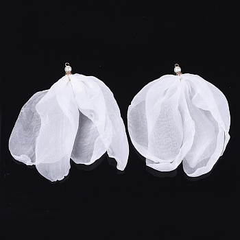 Organza Fabric Big Pendants, with Iron Findings and ABS Plastic Imitation Pearl, Flower, Light Gold, White, 140~180mm, Hole: 2.5x4mm