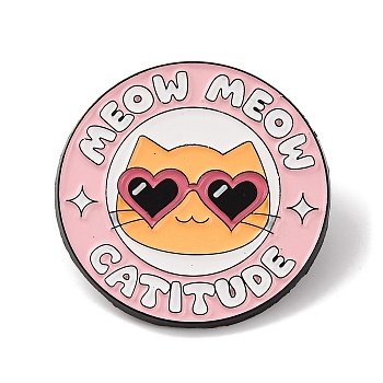 Cute Meow Cat with Glasses Alloy Enamel Pins, for Backpack Clothes, Flat Round, 30.5mm