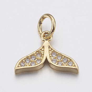Brass Micro Pave Cubic Zirconia Charms, Whale Tail Shape, Clear, Golden, 9x12.5x2mm, Hole: 3mm