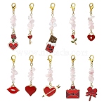 Valentine's Day Theme Alloy Enamel Pendant Decorations, Zinc Alloy Lobster Claw Clasps and Natural Rose Quartz Chips for Bag Ornaments, 50~68mm, 10pcs/set(PALLOY-CJ00122)