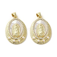 Brass Pave Shell Pendants, Religion Virgin Mary Charms with ABS Imitation Pearl, Real 18K Gold Plated, Oval, 28x19.5x3.5mm, Hole: 3.5x4mm(KK-I708-16O-G)