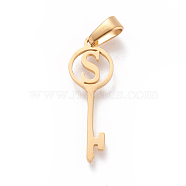 304 Stainless Steel Initial Pendants, Large Hole Pendants, Key with Letter, Golden, Letter.S, 25x8.5x1mm, Hole: 6x2.5mm(STAS-D019-09S-G)