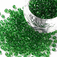 Glass Seed Beads, Transparent, Round, Dark Green, 8/0, 3mm, Hole: 1mm, about 2222pcs/100g(X1-SEED-A004-3mm-7B)