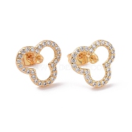 Brass Micro Pave Clear Cubic Zirconia Stud Earring Findings, with Ear Nuts, for Half Drilled Beads, Clover, Cadmium Free & Lead Free, Golden, 12.5x12x3.7mm, Pin: 0.7mm and 0.8mm(for half drilled beads)(KK-G420-17G)