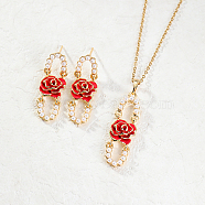 Plastic Beaded Oval with Flower Jewelry Set, Golden Alloy Dangle Stud Earrings & Pendant Necklace, Red, Necklaces: 450mm, Earring: 35x12mm(YW1382-2)