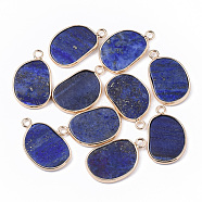 Natural Lapis Lazuli Pendants, with Golden Tone Brass Open Back Bezel, Oval, 25x15.5x2~3mm, Hole: 2mm(G-S359-019A)