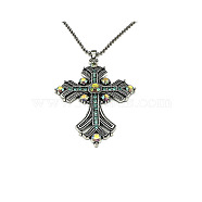 Cross Rhinestone Pendant Necklaces, with Antique Silver Alloy Ball Chains, Blue Zircon, 27.56 inch(70cm)(FK0815-4)