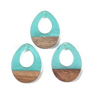 Resin & Wood Pendants, Hollow Teardrop Charms, Aquamarine, 37.5x28x3.5mm, Hole: 2mm(WOOD-F015-17E)