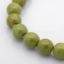 Handmade Fancy Antique Glazed Porcelain Ceramic Round Beads Strands, Yellow Green, 8mm, Hole: 2mm, about 40~42pcs/strand, 12 inch(PORC-L019-8mm-10)