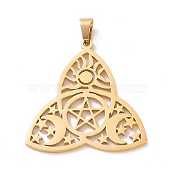 304 Stainless Steel Hollow Pendants, Trinity Knot with Star/Moon/Sun, Golden, 30x29x1mm, Hole: 5x3mm(STAS-P313-04G)