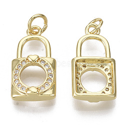 Brass Micro Pave Cubic Zirconia Pendants, with Jump Rings, Nickel Free, Lock, Clear, Real 16K Gold Plated, 18x10x4mm, Hole: 3mm(ZIRC-S067-017-NF)