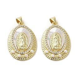 Brass Pave Shell Pendants, Religion Virgin Mary Charms with ABS Imitation Pearl, Real 18K Gold Plated, Oval, 28x19.5x3.5mm, Hole: 3.5x4mm(KK-I708-16O-G)