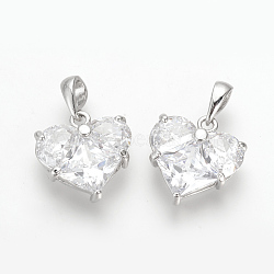 Brass Cubic Zirconia Charms, Nickel Free, Real Platinum Plated, Heart, 14.5x14x5mm, Hole: 4x2.5mm(X-KK-R015-109P)