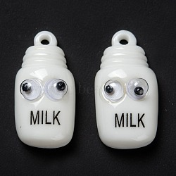 Opaque Resin Cabochons, Imitation Food, Milk Bottle with Eye & Word Milk, White, 27x13.5x9.5mm, Hole: 1.4mm(X-CRES-L015-D05)
