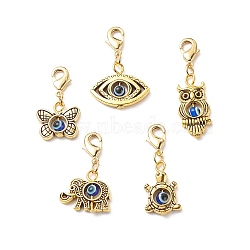Alloy Pendant Decoration, with Resin Beads, Animal Lobster Clasp Charms, Clip-on Charms, for Keychain Bag, Butterfly/Owl/Turtle/Elephant with Evil Eye, Golden, 29~38mm(X1-HJEW-JM00803)