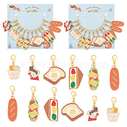 Food Pendant Stitch Markers, Alloy Enamel Crochet Lobster Clasp Charms, Locking Stitch Marker with Wine Glass Charm Ring, Toast Slices Egg/Bread Basket/Hot Dog, Mixed Color, 3.5~4.5cm, 6 style, 2pcs/style, 12pcs/set, 2 sets/box(HJEW-AB00317)