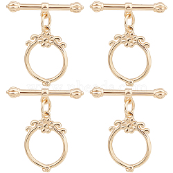 10Pcs Brass Toggle Clasps, Ring with Flower, Real 18K Gold Plated, Ring: 18.5x13x2mm, Hole: 1mm, Bar: 22x5x3mm, Hole: 1mm(KK-BBC0010-39)