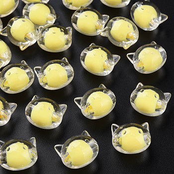 Transparent Acrylic Beads, Bead in Bead, Cat, Yellow, 16x18.5x14.5mm, Hole: 3.5mm, about 196pcs/500g
