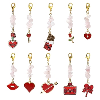 Valentine's Day Theme Alloy Enamel Pendant Decorations, Zinc Alloy Lobster Claw Clasps and Natural Rose Quartz Chips for Bag Ornaments, 50~68mm, 10pcs/set