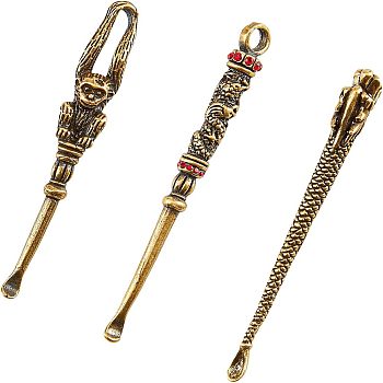 3Pcs 3 Style Brass EarPicks, Dragon & Monkey, Mixed Color, 6.4~7x0.7~0.9x0.95cm, 1pc/style