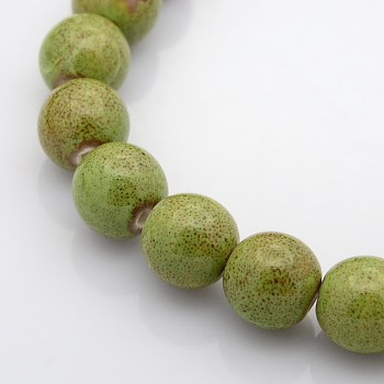 Handmade Fancy Antique Glazed Porcelain Ceramic Round Beads Strands, Yellow Green, 8mm, Hole: 2mm, about 40~42pcs/strand, 12 inch