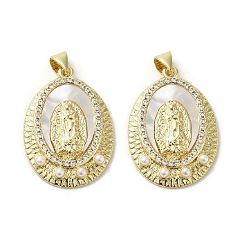 Brass Pave Shell Pendants, Religion Virgin Mary Charms with ABS Imitation Pearl, Real 18K Gold Plated, Oval, 28x19.5x3.5mm, Hole: 3.5x4mm
