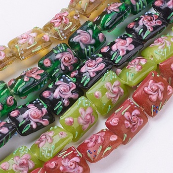 Handmade Bumpy Lampwork Beads Strands, Rectangle with Flower, Mixed Color, 17.5~18x14x11~13mm, Hole: 2mm