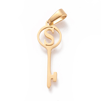304 Stainless Steel Initial Pendants, Large Hole Pendants, Key with Letter, Golden, Letter.S, 25x8.5x1mm, Hole: 6x2.5mm