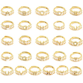 26Pcs 26 Style Initial Letter A~Z Clear Cubic Zirconia Adjustable Rings Set, Brass Alphabet Rings for Women, Lead Free & Cadmium Free, Real 18K Gold Plated, US Size 5 3/4(16.3mm), 1Pc/style